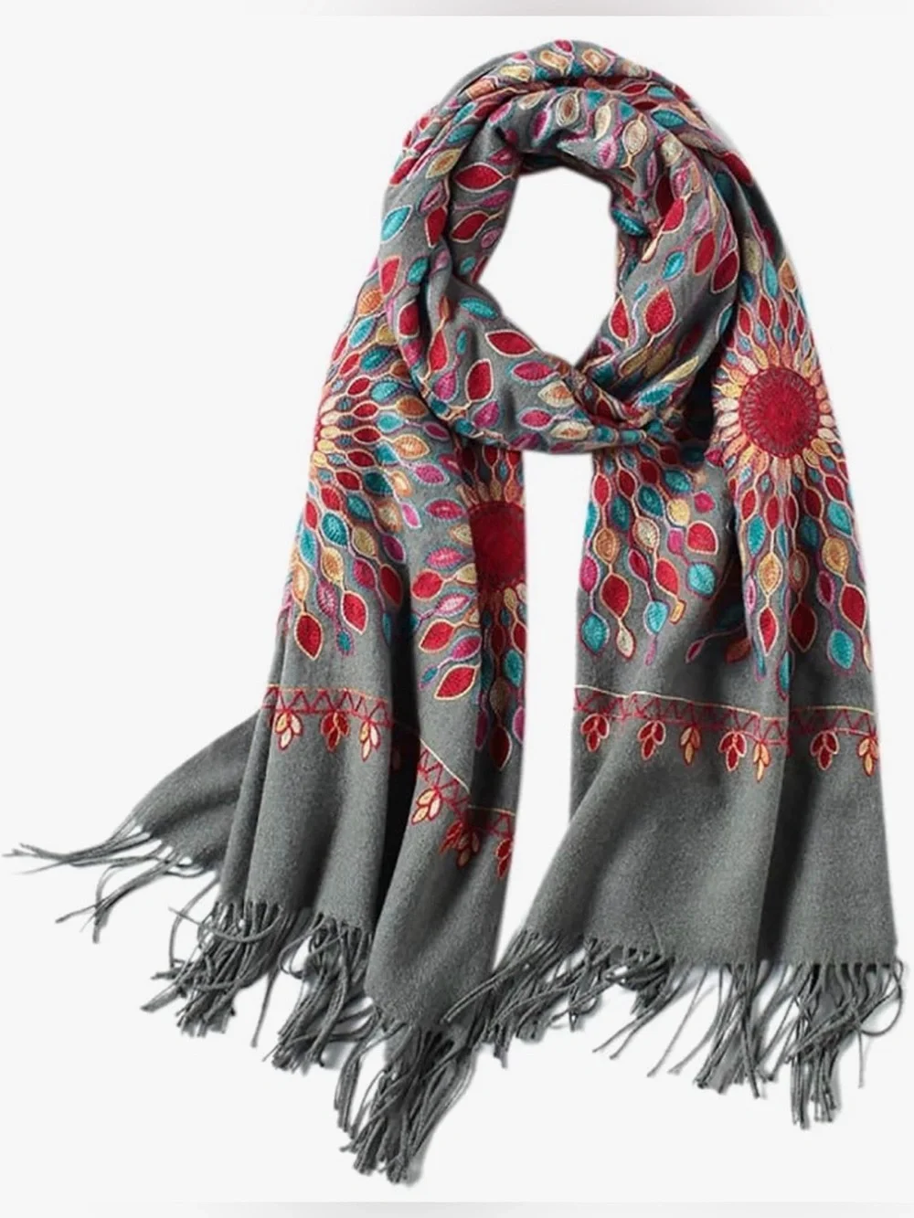 Soft Gray Scarf with Multicolor Sunburst Embroidery patterns like new